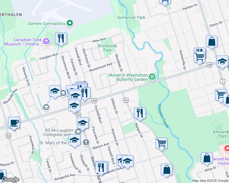 map of restaurants, bars, coffee shops, grocery stores, and more near 384 Rossland Road West in Oshawa