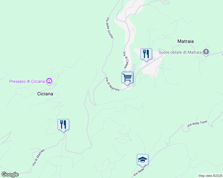 map of restaurants, bars, coffee shops, grocery stores, and more near 24 Via di Matraia in Matraia