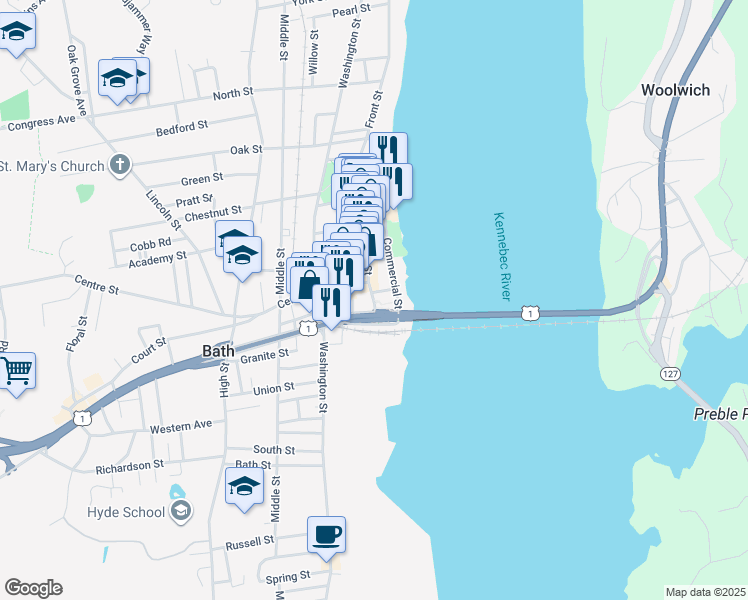 map of restaurants, bars, coffee shops, grocery stores, and more near 25 Front Street in Bath