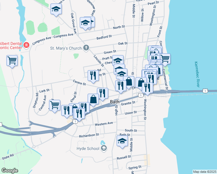 map of restaurants, bars, coffee shops, grocery stores, and more near 12 Snow Park in Bath