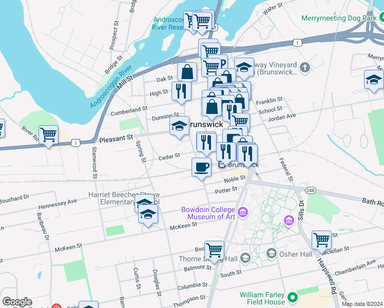 map of restaurants, bars, coffee shops, grocery stores, and more near 77 Union Street in Brunswick