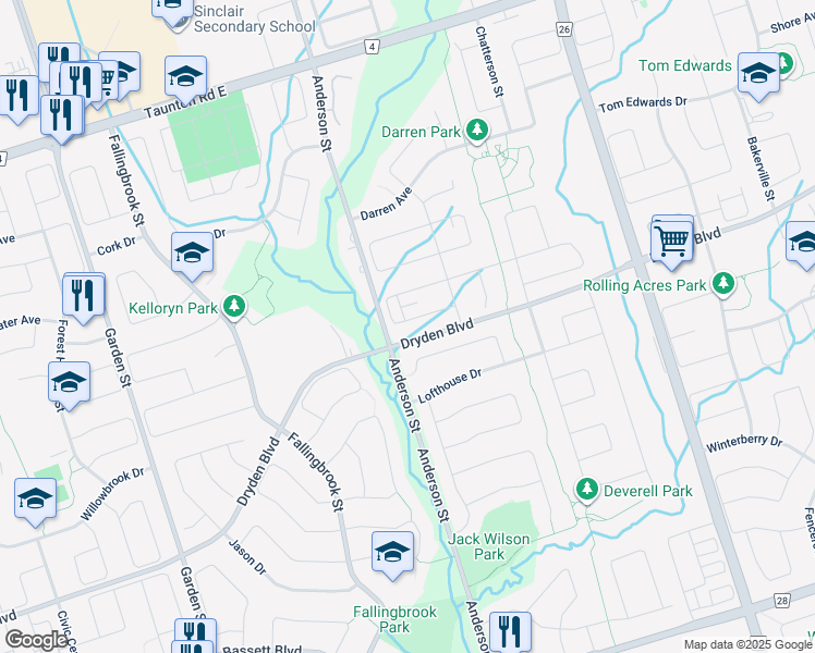 map of restaurants, bars, coffee shops, grocery stores, and more near 3540 Anderson Street in Whitby