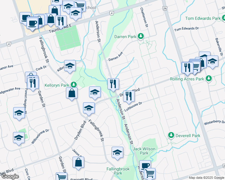 map of restaurants, bars, coffee shops, grocery stores, and more near 3540 Anderson Street in Whitby