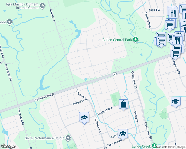 map of restaurants, bars, coffee shops, grocery stores, and more near 95 Dorian Drive in Whitby