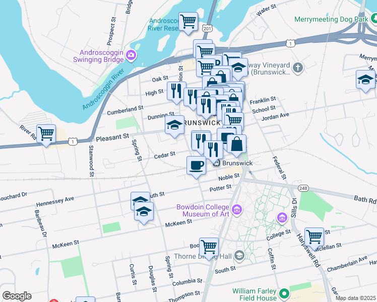 map of restaurants, bars, coffee shops, grocery stores, and more near 77 Union Street in Brunswick