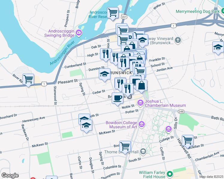 map of restaurants, bars, coffee shops, grocery stores, and more near 77 Union Street in Brunswick
