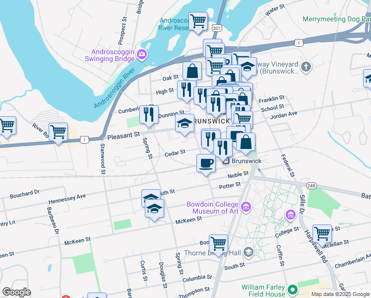 map of restaurants, bars, coffee shops, grocery stores, and more near 8 Cedar Street in Brunswick