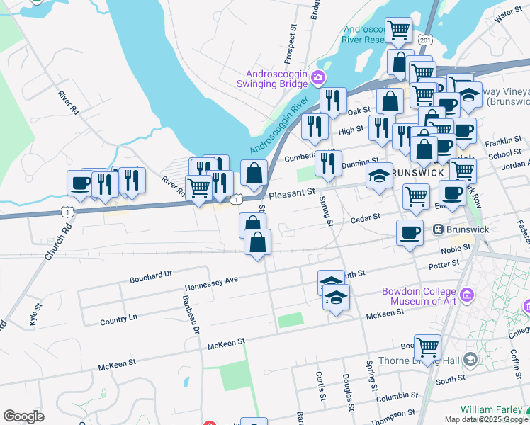 map of restaurants, bars, coffee shops, grocery stores, and more near in Brunswick