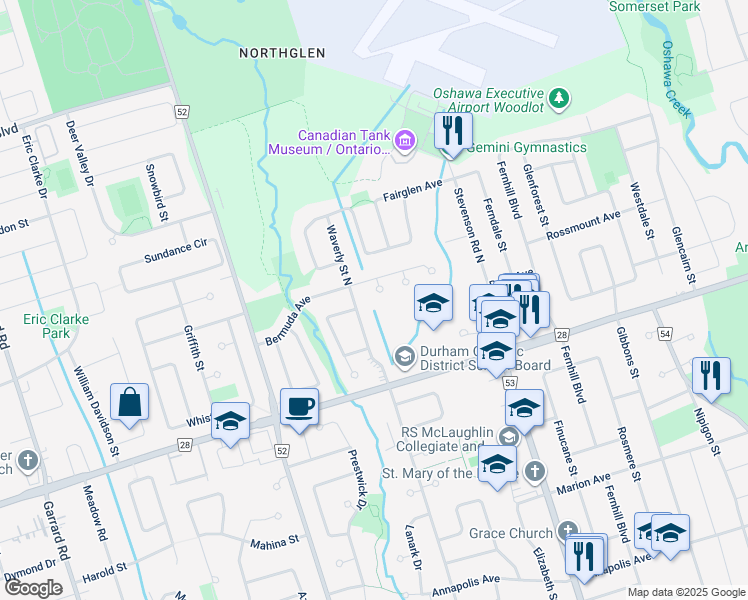 map of restaurants, bars, coffee shops, grocery stores, and more near 679 Bermuda Avenue in Oshawa