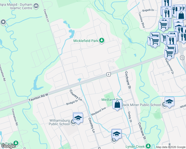 map of restaurants, bars, coffee shops, grocery stores, and more near 91 Elkington Crescent in Whitby
