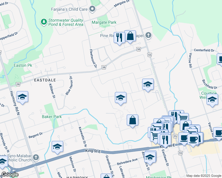 map of restaurants, bars, coffee shops, grocery stores, and more near 313 Wagar Court in Oshawa