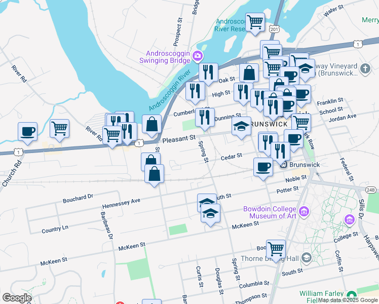 map of restaurants, bars, coffee shops, grocery stores, and more near 9 Morse Court in Brunswick
