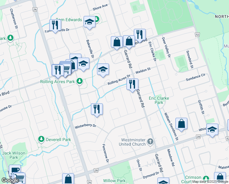 map of restaurants, bars, coffee shops, grocery stores, and more near 56 Daines Drive in Whitby