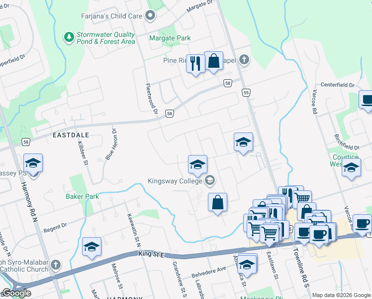 map of restaurants, bars, coffee shops, grocery stores, and more near 313 Wagar Court in Oshawa