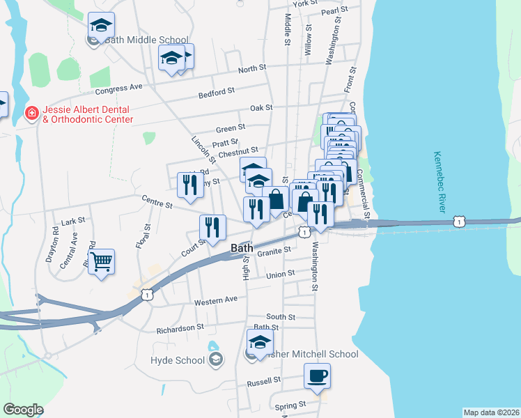map of restaurants, bars, coffee shops, grocery stores, and more near 20 Raymond Court in Bath