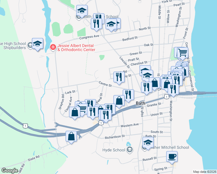 map of restaurants, bars, coffee shops, grocery stores, and more near 269 Centre Street in Bath