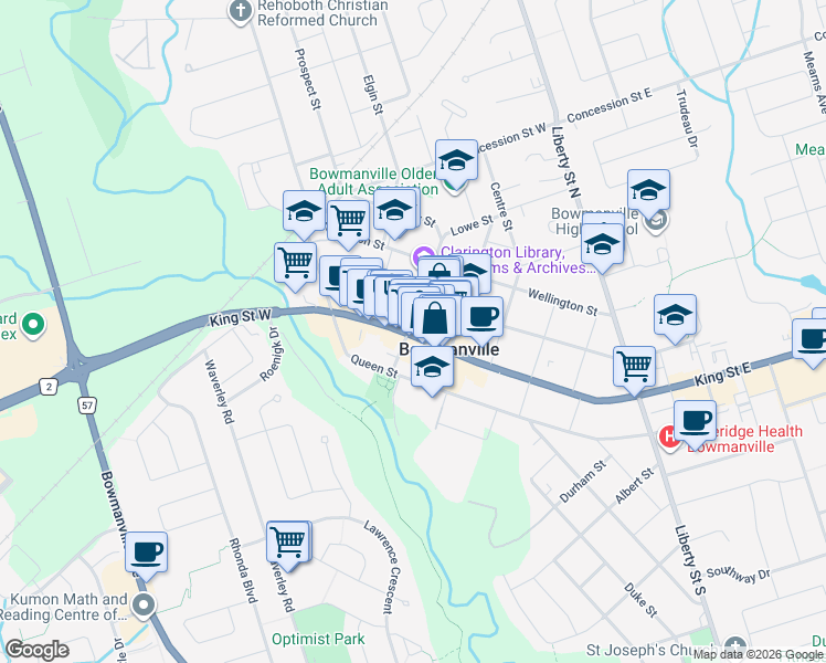 map of restaurants, bars, coffee shops, grocery stores, and more near 5 King Street West in Bowmanville