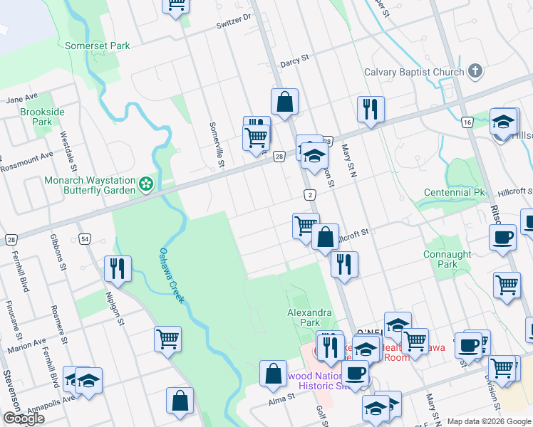 map of restaurants, bars, coffee shops, grocery stores, and more near 59 McLaughlin Boulevard in Oshawa