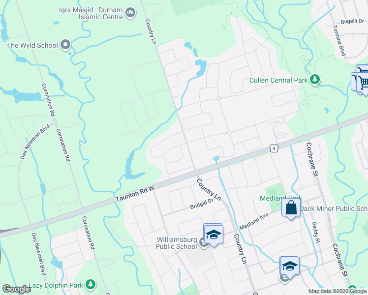 map of restaurants, bars, coffee shops, grocery stores, and more near 3 Morrison Crescent in Whitby