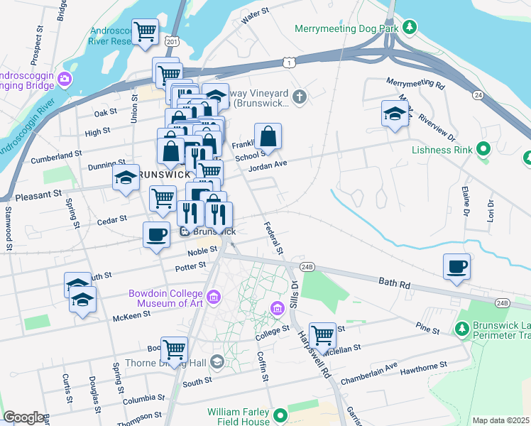 map of restaurants, bars, coffee shops, grocery stores, and more near 28 Maple Street in Brunswick