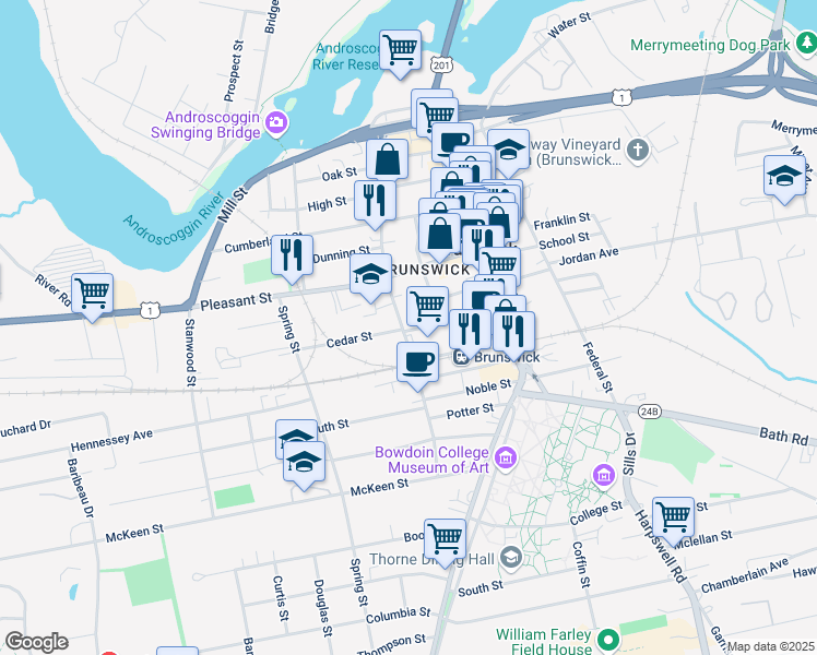 map of restaurants, bars, coffee shops, grocery stores, and more near 77 Union Street in Brunswick