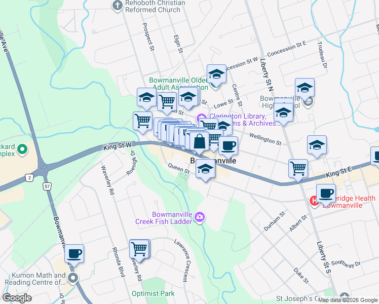 map of restaurants, bars, coffee shops, grocery stores, and more near 5 King Street West in Bowmanville