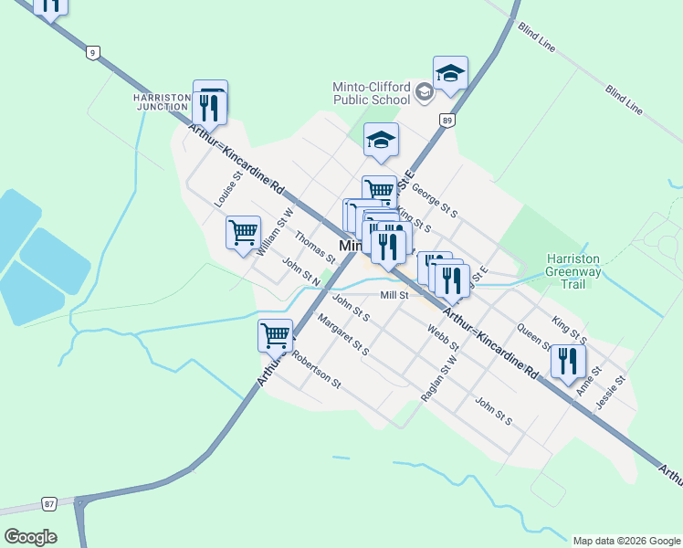 map of restaurants, bars, coffee shops, grocery stores, and more near 27 Ontario 23 in Harriston