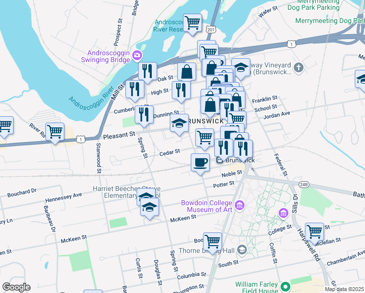 map of restaurants, bars, coffee shops, grocery stores, and more near 8 Cedar Street in Brunswick