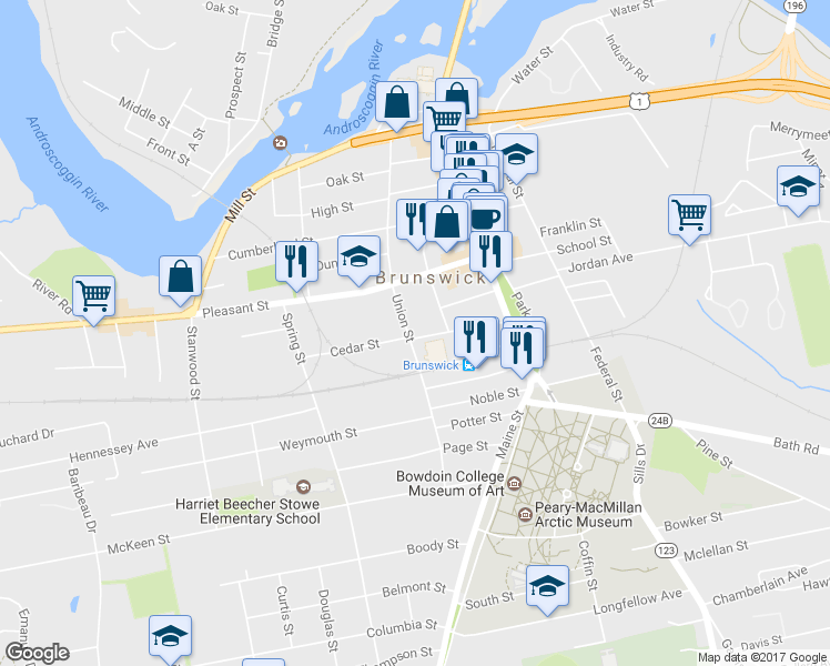 map of restaurants, bars, coffee shops, grocery stores, and more near 77 Union Street in Brunswick