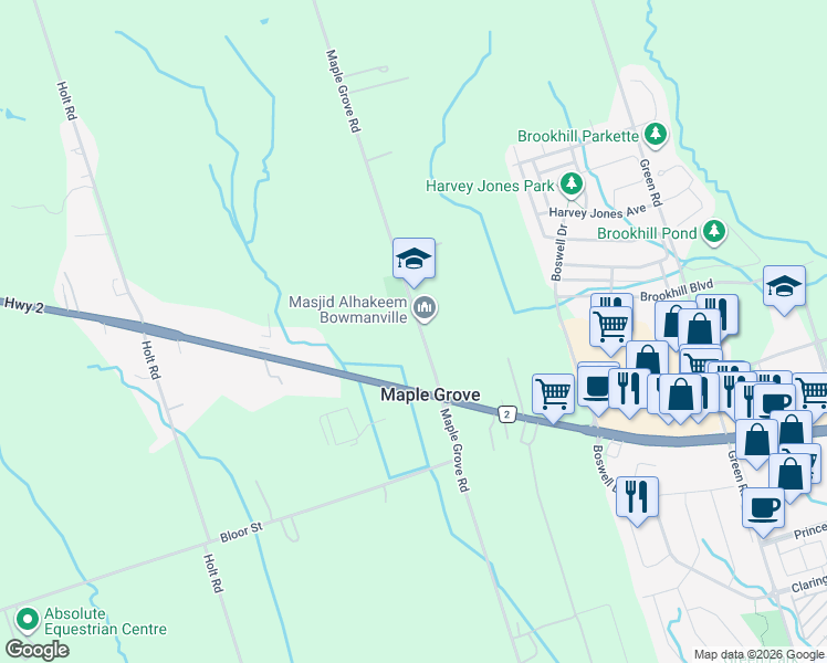 map of restaurants, bars, coffee shops, grocery stores, and more near 2184 Maple Grove Road in Bowmanville