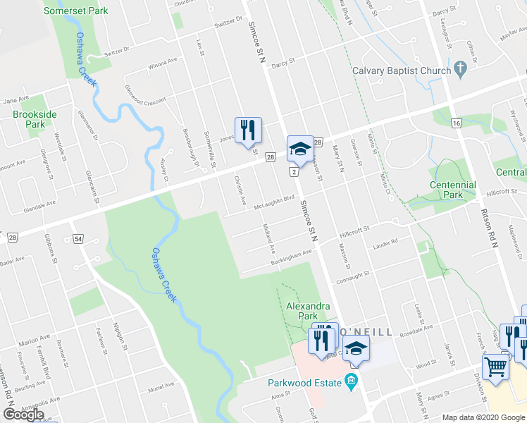 map of restaurants, bars, coffee shops, grocery stores, and more near 59 McLaughlin Boulevard in Oshawa