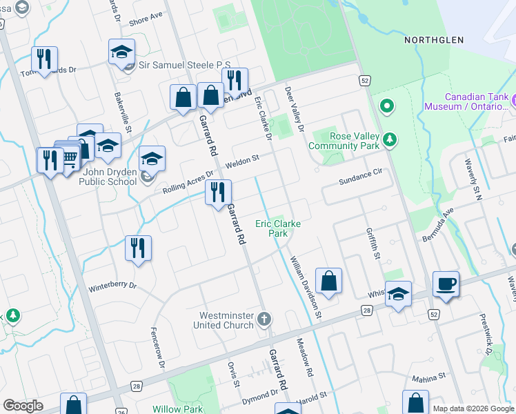 map of restaurants, bars, coffee shops, grocery stores, and more near 16 Donald Wilson Street in Whitby