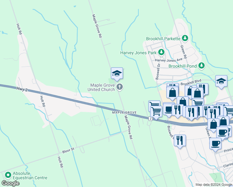 map of restaurants, bars, coffee shops, grocery stores, and more near 2184 Maple Grove Road in Bowmanville