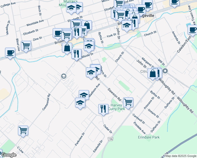 map of restaurants, bars, coffee shops, grocery stores, and more near 51 Dawson Road in Orangeville