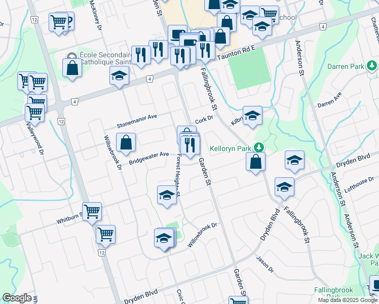 map of restaurants, bars, coffee shops, grocery stores, and more near 5 Pinestone Court in Whitby