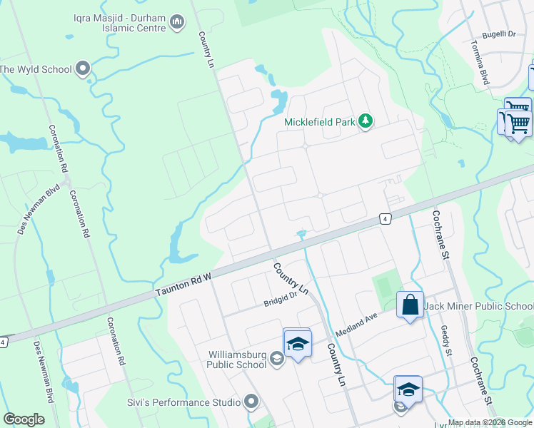 map of restaurants, bars, coffee shops, grocery stores, and more near 3 Christine Elliott Avenue in Whitby