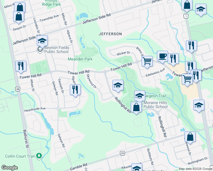 map of restaurants, bars, coffee shops, grocery stores, and more near 134 Rollinghill Road in Richmond Hill