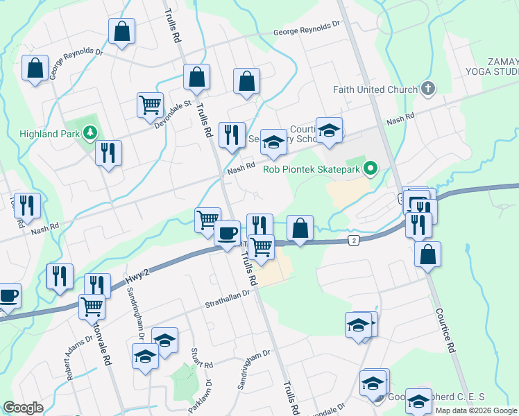 map of restaurants, bars, coffee shops, grocery stores, and more near Unnamed Road in Courtice