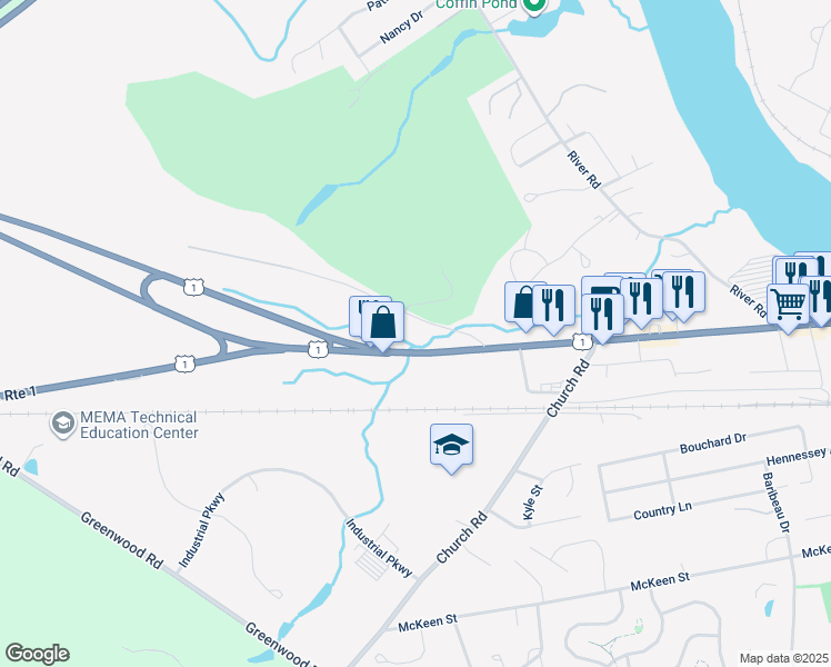 map of restaurants, bars, coffee shops, grocery stores, and more near 1 Range Road in Brunswick