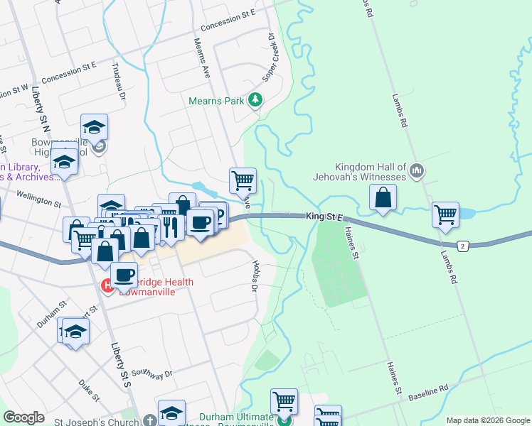 map of restaurants, bars, coffee shops, grocery stores, and more near 330 King Street East in Bowmanville