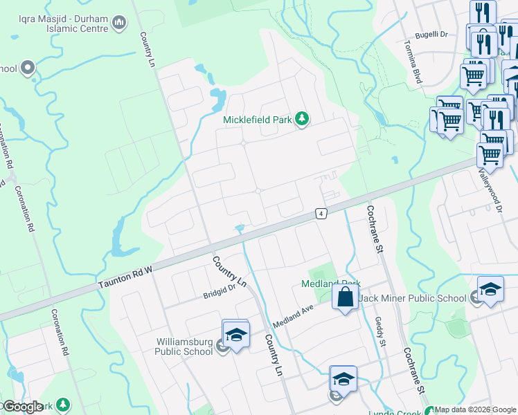 map of restaurants, bars, coffee shops, grocery stores, and more near 105 Dorian Drive in Whitby