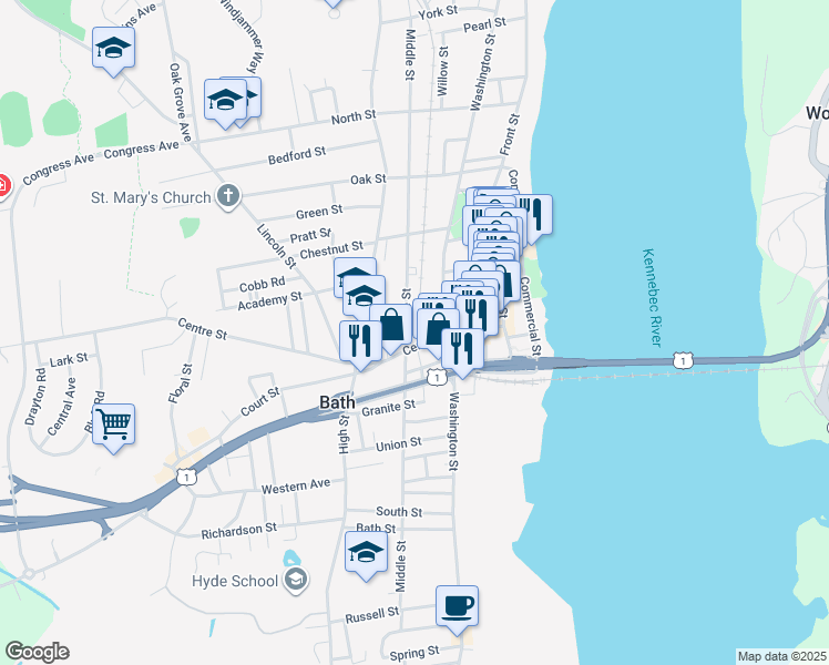 map of restaurants, bars, coffee shops, grocery stores, and more near 111 Centre Street in Bath