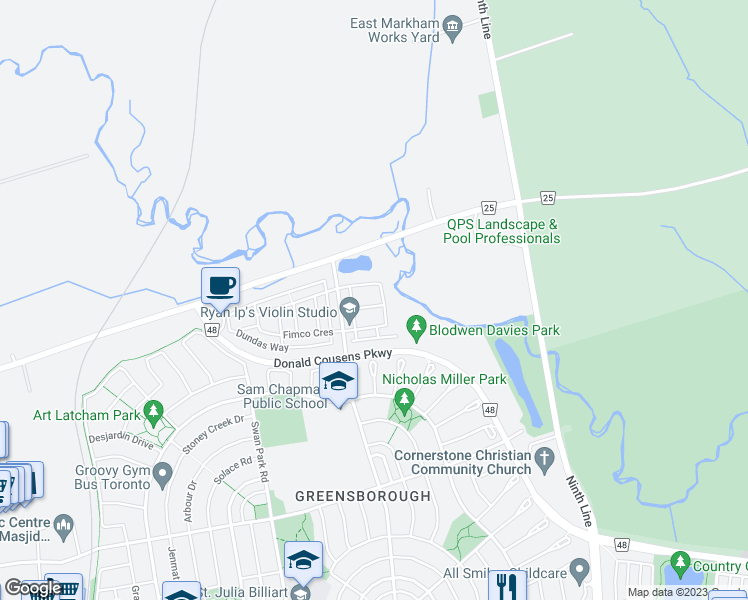 map of restaurants, bars, coffee shops, grocery stores, and more near 28 Black Locust Drive in Markham
