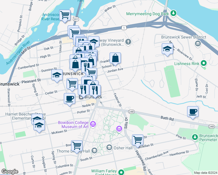 map of restaurants, bars, coffee shops, grocery stores, and more near 64 Federal Street in Brunswick