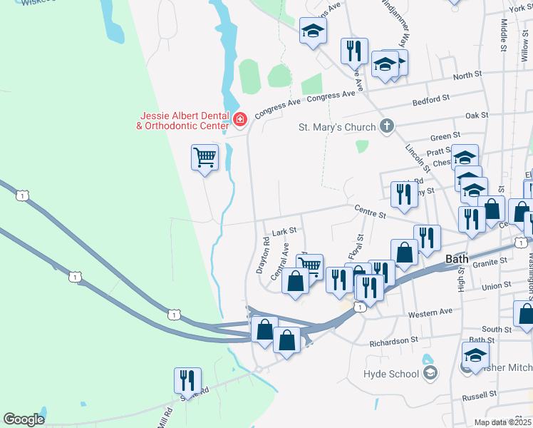 map of restaurants, bars, coffee shops, grocery stores, and more near 80 Congress Avenue in Bath