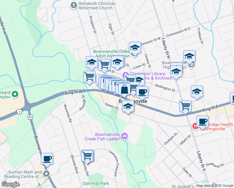 map of restaurants, bars, coffee shops, grocery stores, and more near 22 King Street West in Bowmanville