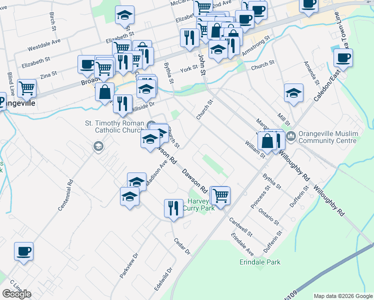 map of restaurants, bars, coffee shops, grocery stores, and more near 97 Church Street in Orangeville