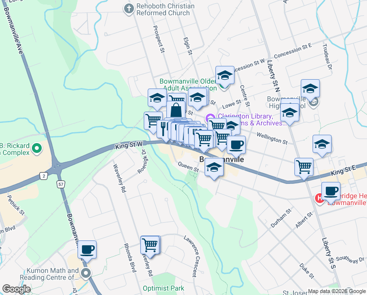 map of restaurants, bars, coffee shops, grocery stores, and more near 63 King Street West in Bowmanville