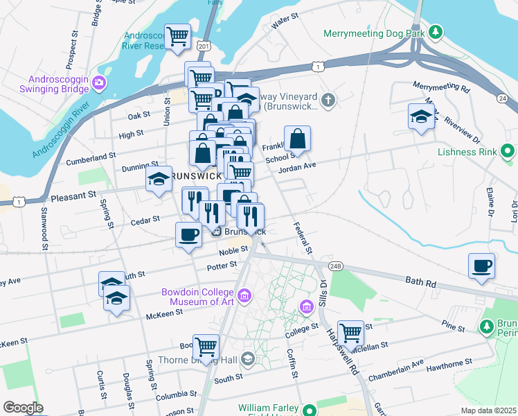 map of restaurants, bars, coffee shops, grocery stores, and more near 173 Park Row in Brunswick