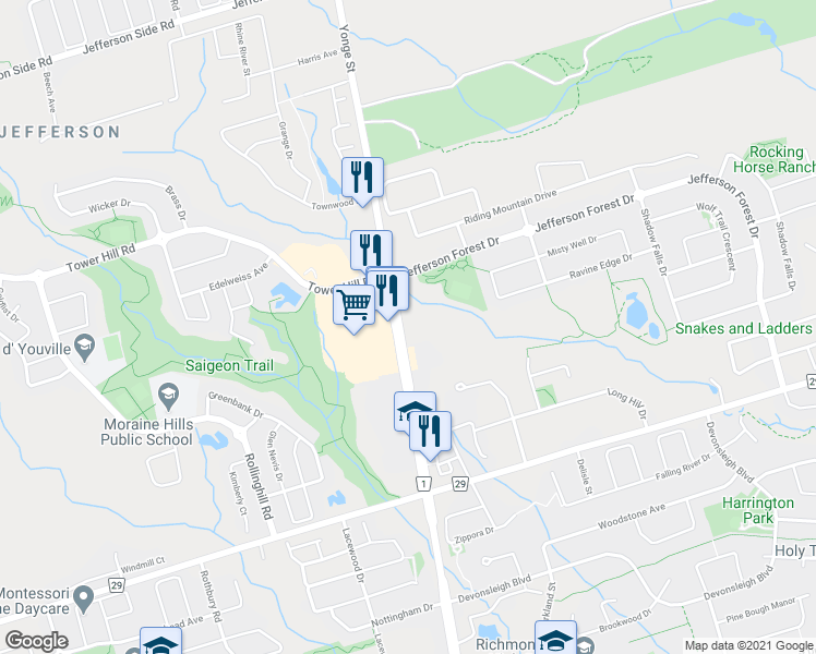 map of restaurants, bars, coffee shops, grocery stores, and more near 11685 Yonge Street in Richmond Hill